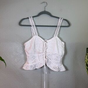 Blenca White Eyelet Sweatheart Neckline Smocked Corset Tie Front Bohemian Top XL